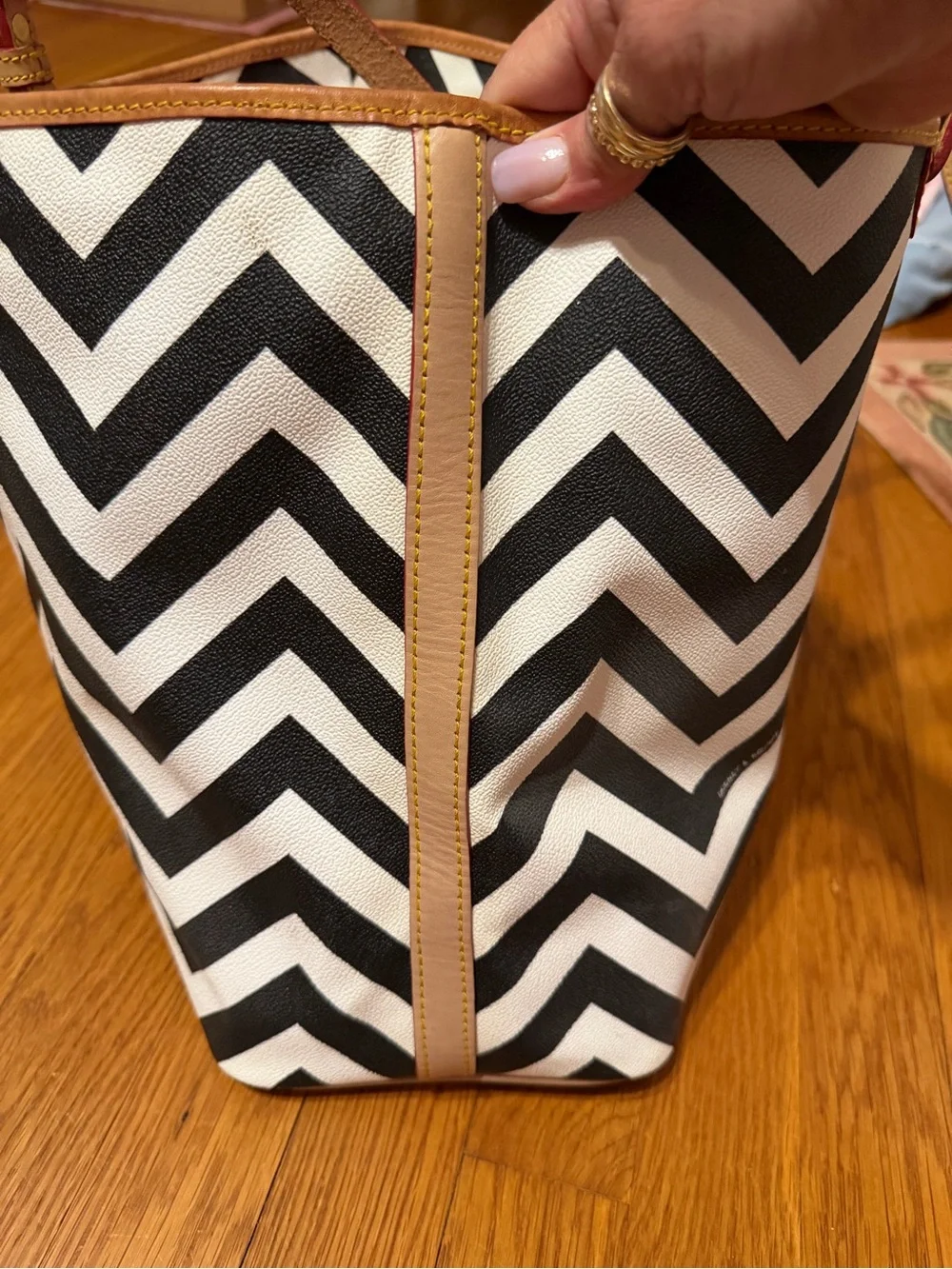 Dooney & Bourke Large Black & White Chevron Tote with Tan Trim